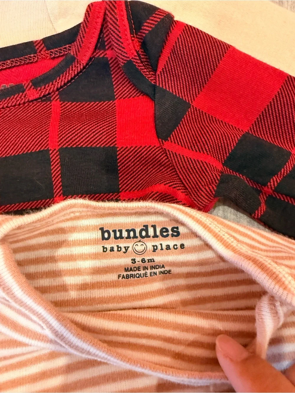Kids Long-Sleeve One-Piece Bodysuit Pack - Red Plaid & Beige Stripes